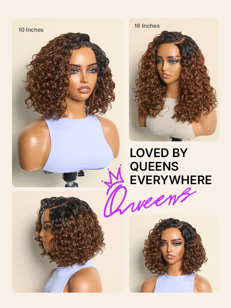 Ready to Go Ombre Brown Water Wave Short Curly Bob Wig Glueless Minimalist HD Lace Wig Pre-Cut Lace-16
