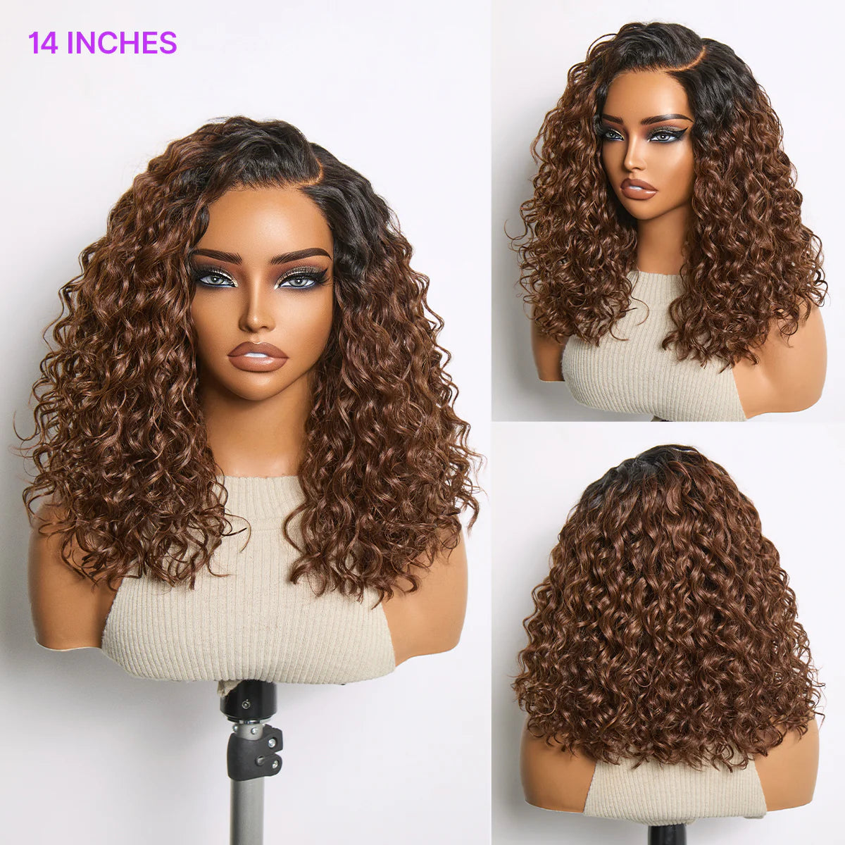 Ready to Go Blonde Highlight / Natural Black Water Wave Short Curly Bob Wig Glueless Minimalist HD Lace Wig Pre-Cut Lace-44