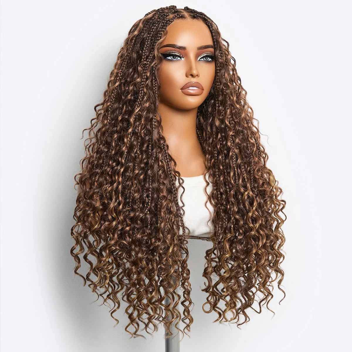 Readitress™ Light Weight Flexi-Fit Invisi Drawstring Cap Full Lace Knotless Boho Curls Braided Long Wig Super Natural Scalp-55