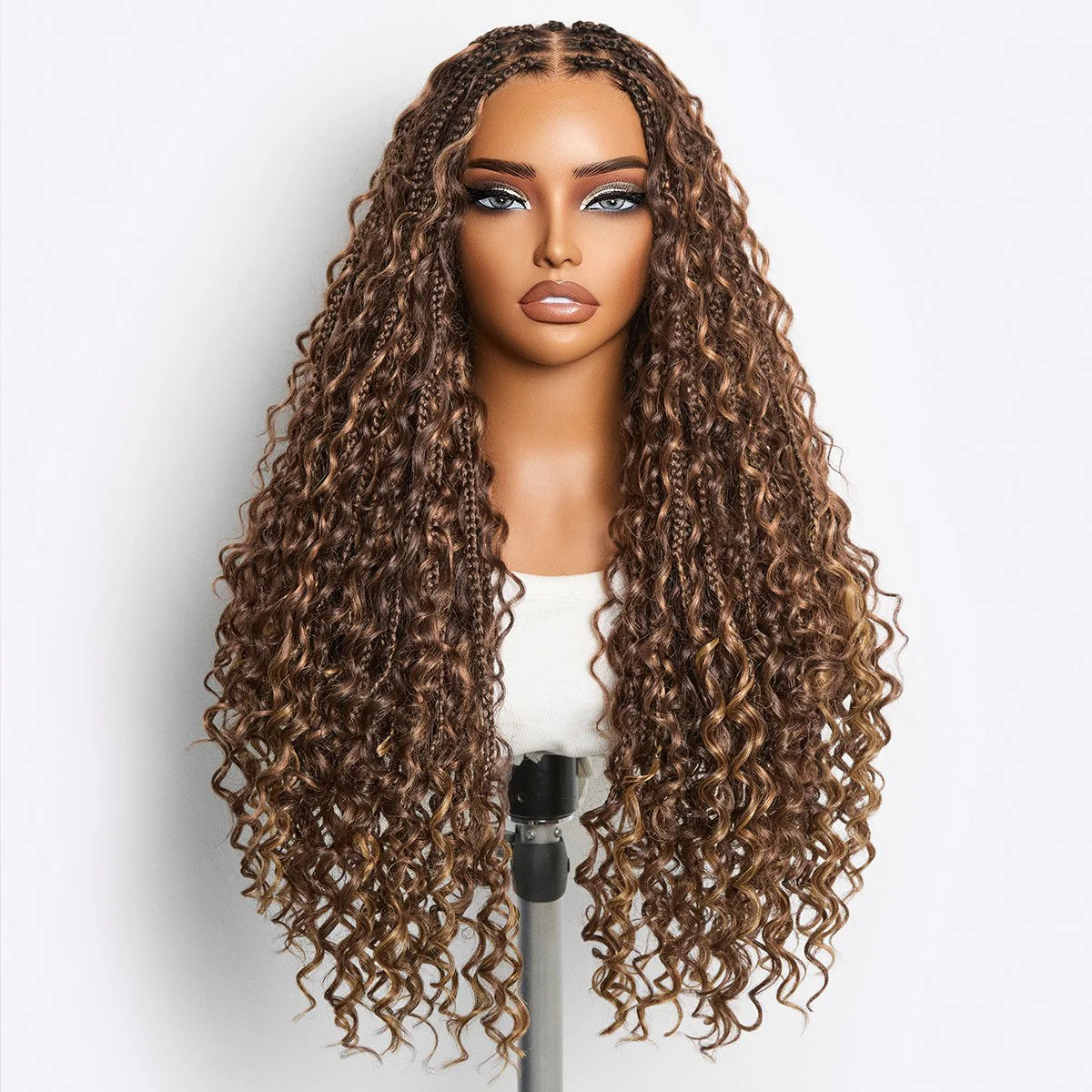 Readitress™ Light Weight Flexi-Fit Invisi Drawstring Cap Full Lace Knotless Boho Curls Braided Long Wig Super Natural Scalp-54