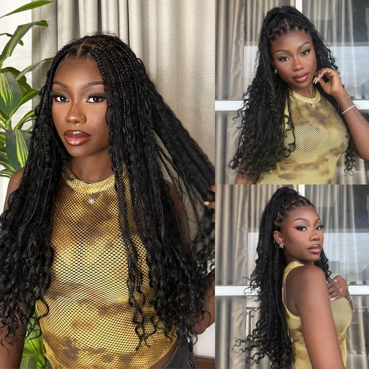 Luvme Hair OwnScalp™ Mix Blonde and Natural Black lightweight full lace wig with boho curls, braided long style, and natural scalp appearance.