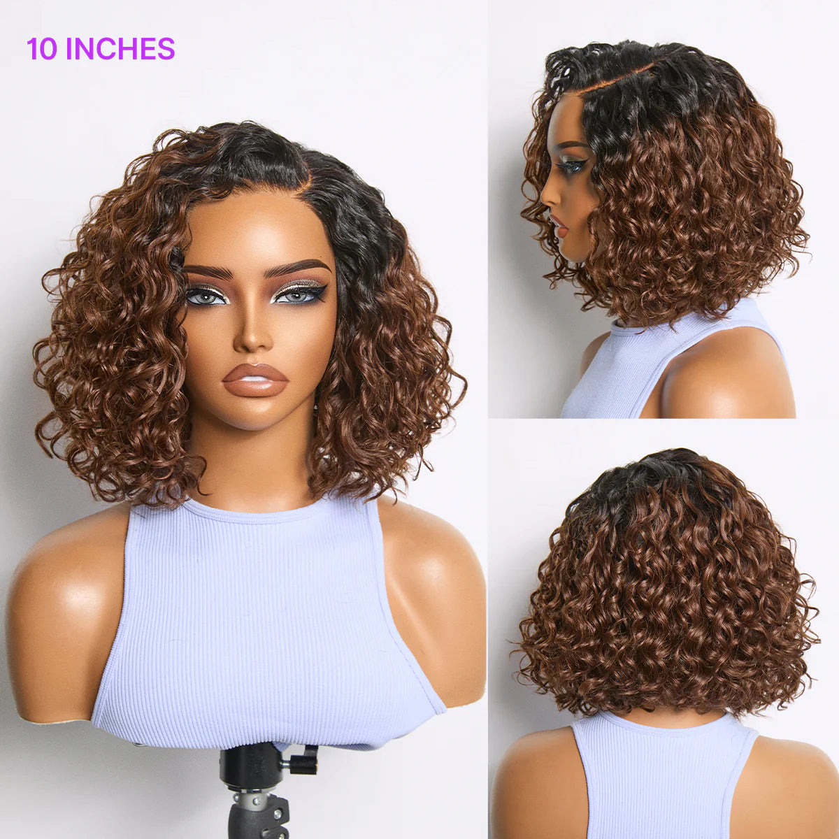 Luvme Hair blonde highlight ombre brown water wave short curly bob wig with HD lace, glueless, pre-cut lace, natural black and blonde tones