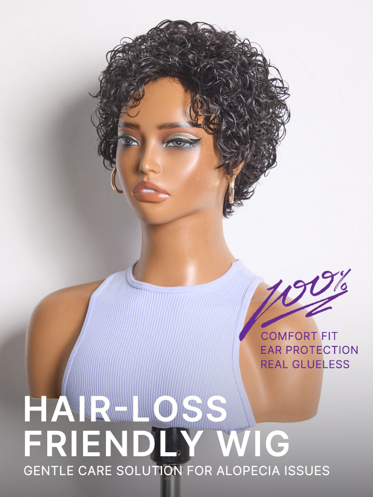 48H Delivery | Throw On & Go Natural Black Big Curly Glueless Short Wig Ultra Comfort Cotton Cap Hair Loss Friendly Wig-11