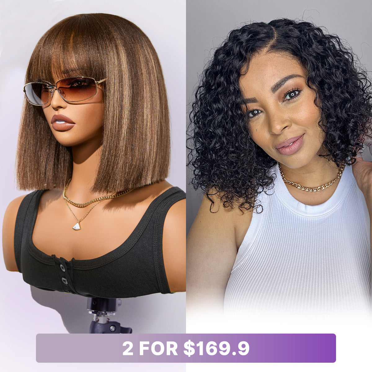 2 For $169.9 | 12 Inches Ash Blonde Highlights Yaki Bob Wig + 12 Inches Deep Wave Minimalist Lace Wig-16