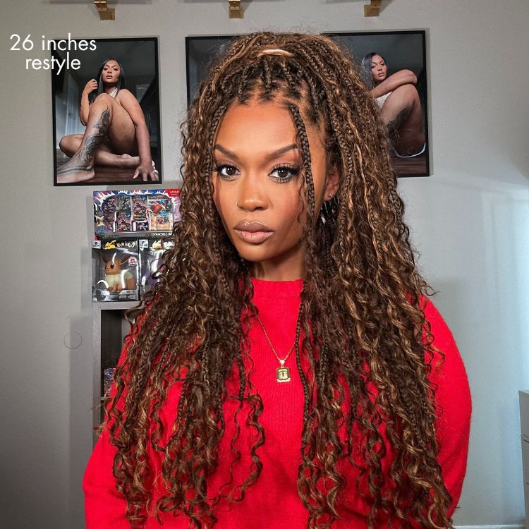 Readitress™ Mix Blonde / Natural Black Light Weight Flexi-Fit Invisi Drawstring Cap HD Full Lace Knotless Boho Curls Braided Long Wig Super Natural Scalp - US Only-18