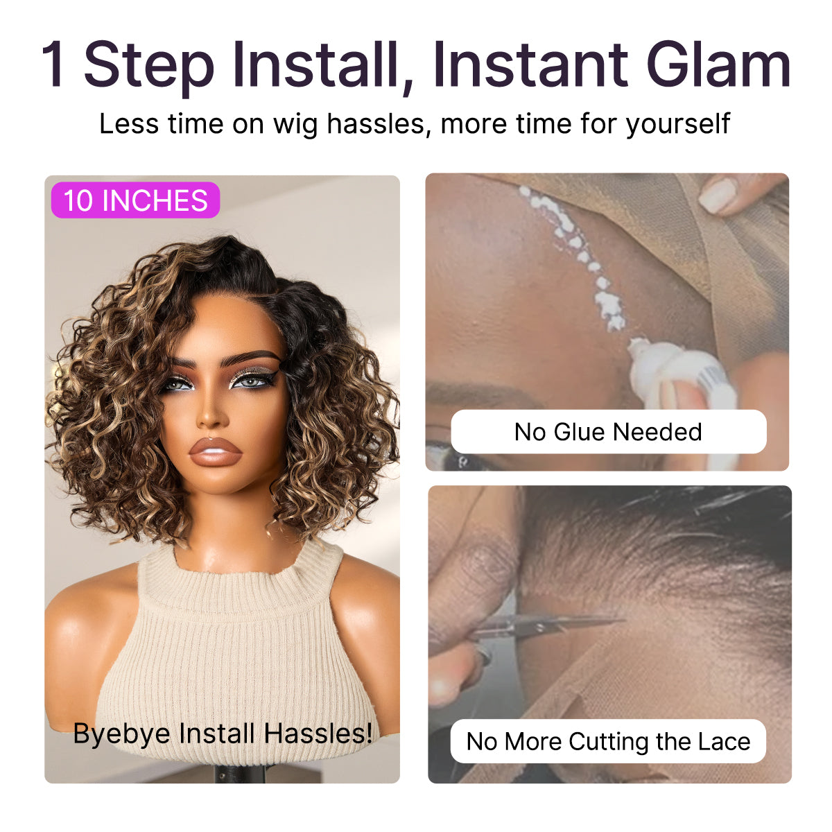 Ready to Go Blonde Highlight / Natural Black / Ombre Brown Water Wave Short Curly Bob Wig Glueless Minimalist HD Lace Wig Pre-Cut Lace-50