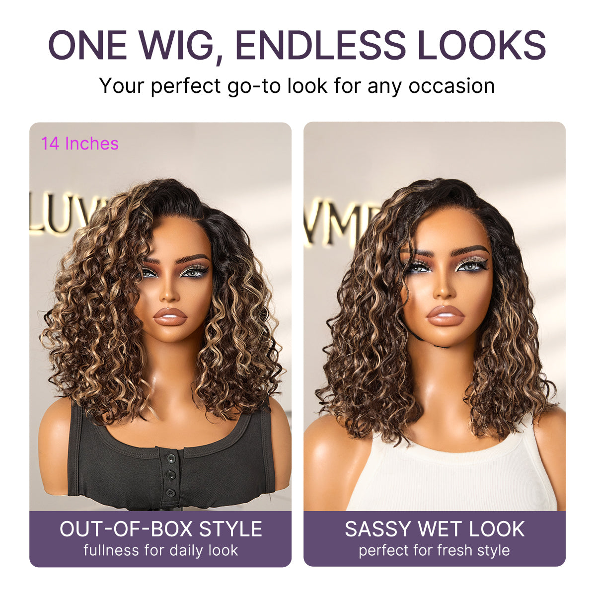 Ready to Go Blonde Highlight / Natural Black / Ombre Brown Water Wave Short Curly Bob Wig Glueless Minimalist HD Lace Wig Pre-Cut Lace-48