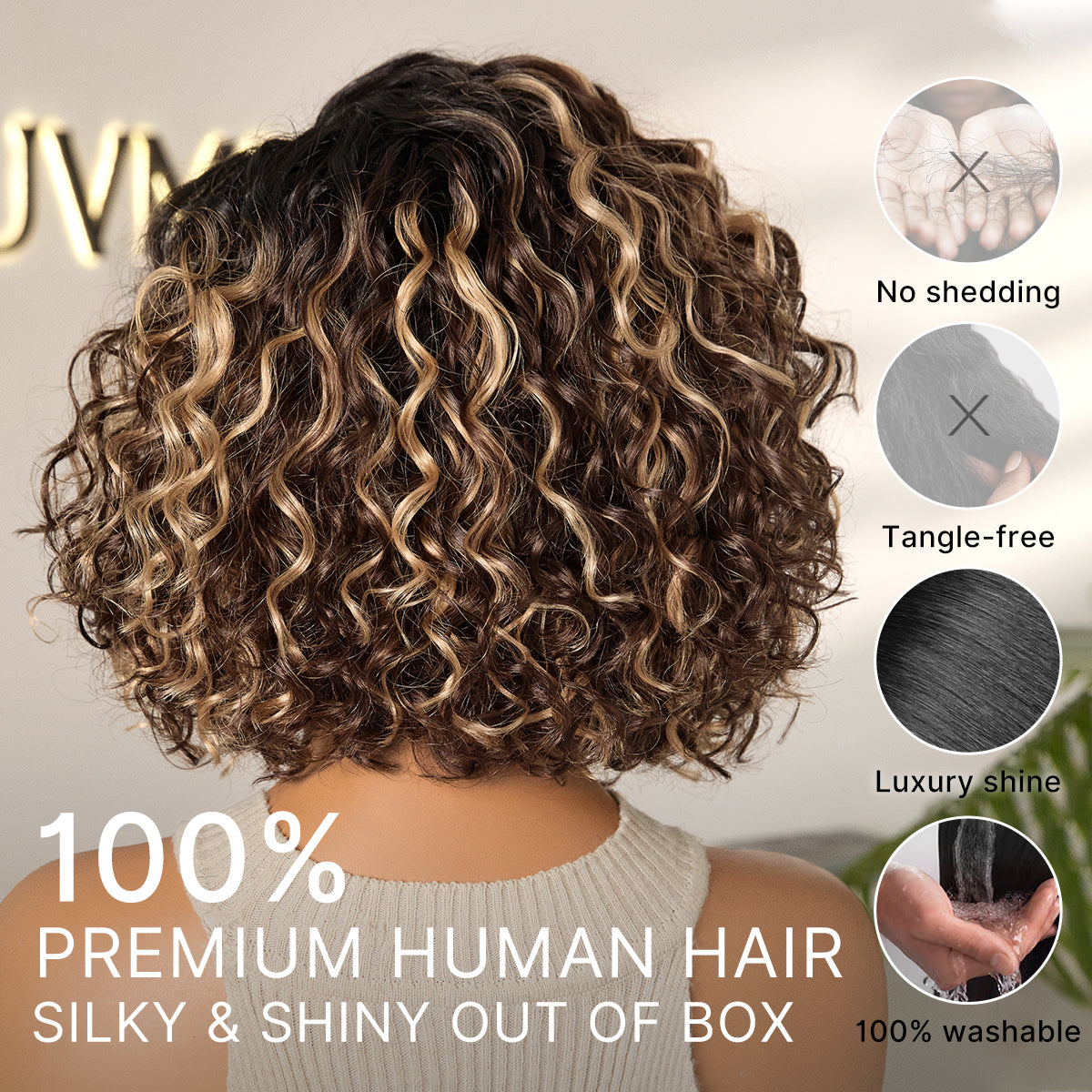 Ready to Go Blonde Highlight / Natural Black / Ombre Brown Water Wave Short Curly Bob Wig Glueless Minimalist HD Lace Wig Pre-Cut Lace-49