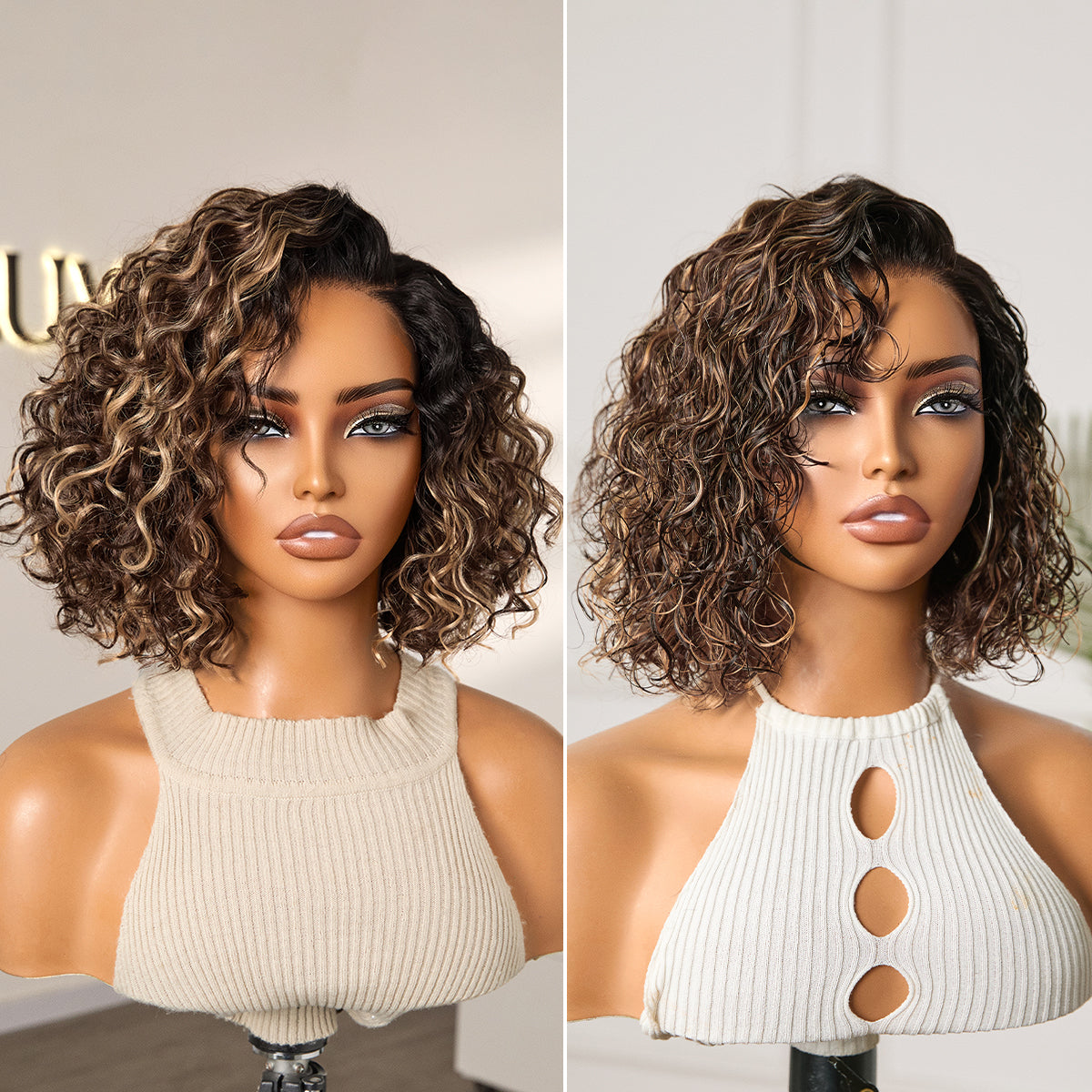 Ready to Go Blonde Highlight / Natural Black / Ombre Brown Water Wave Short Curly Bob Wig Glueless Minimalist HD Lace Wig Pre-Cut Lace-45