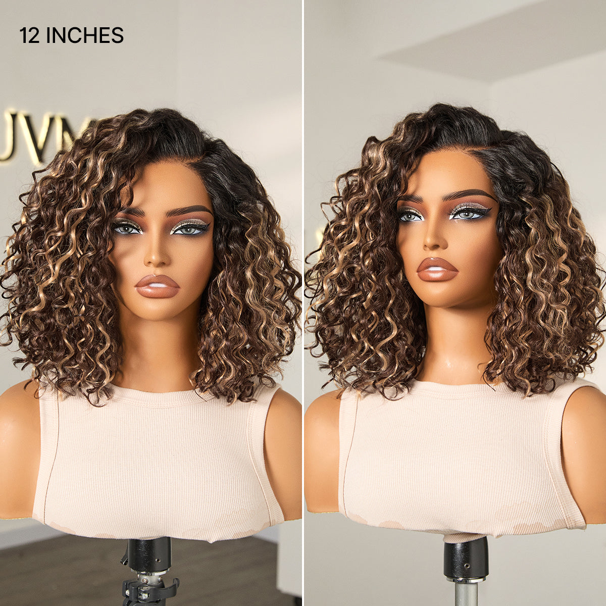 Ready to Go Blonde Highlight / Natural Black / Ombre Brown Water Wave Short Curly Bob Wig Glueless Minimalist HD Lace Wig Pre-Cut Lace-53