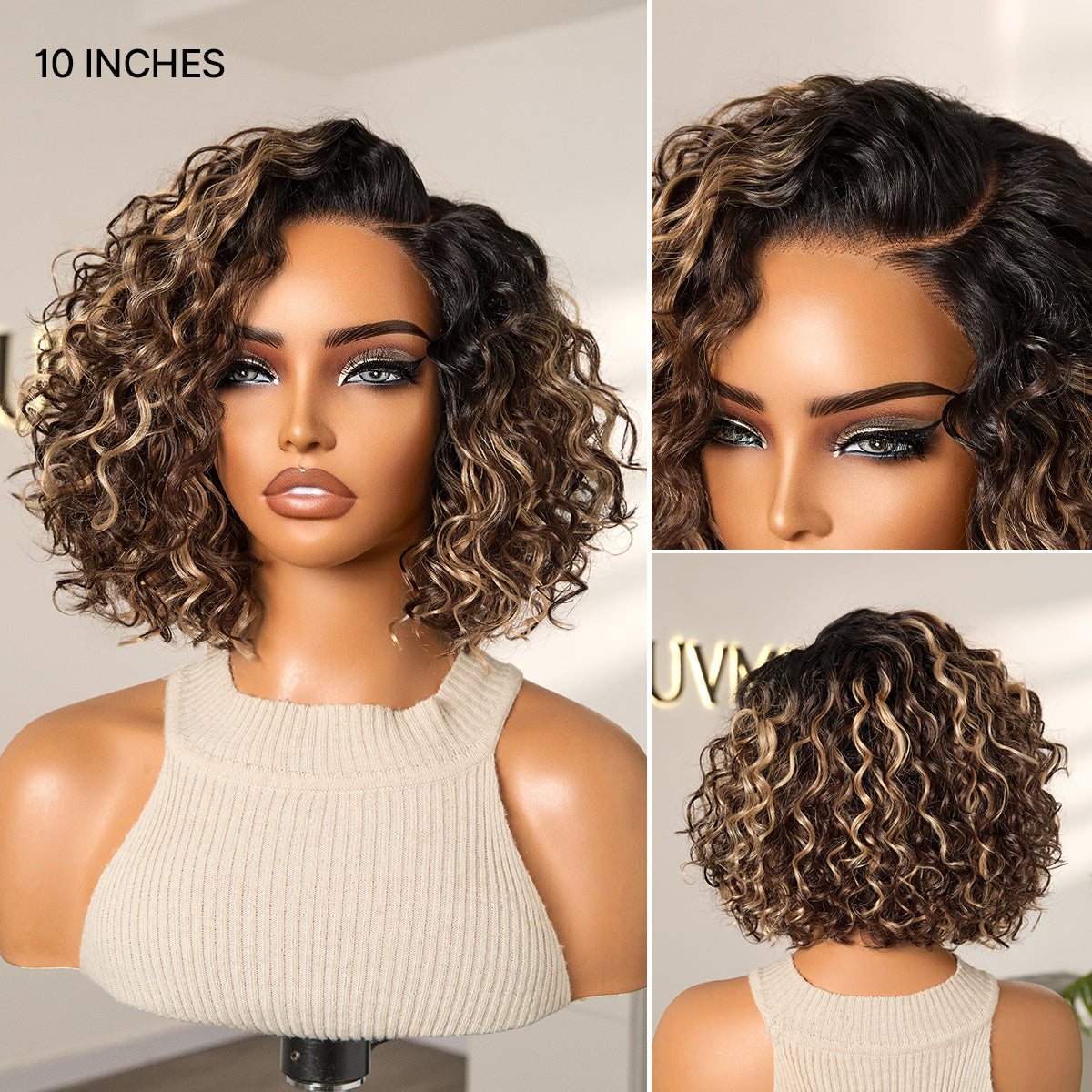 Ready to Go Blonde Highlight / Natural Black / Ombre Brown Water Wave Short Curly Bob Wig Glueless Minimalist HD Lace Wig Pre-Cut Lace-52
