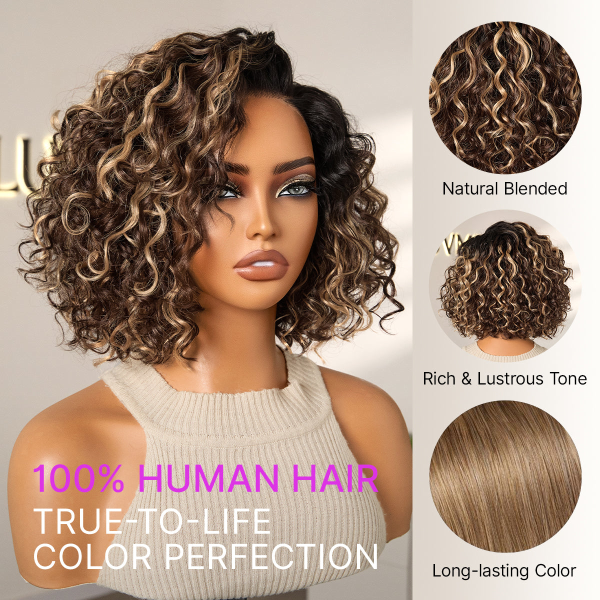 Ready to Go Blonde Highlight / Natural Black / Ombre Brown Water Wave Short Curly Bob Wig Glueless Minimalist HD Lace Wig Pre-Cut Lace-46