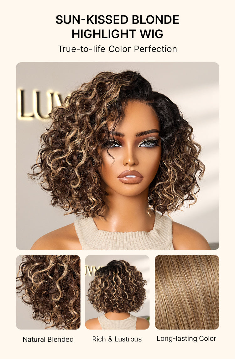 Ready to Go Blonde Highlight / Natural Black / Ombre Brown Water Wave Short Curly Bob Wig Glueless Minimalist HD Lace Wig Pre-Cut Lace-54