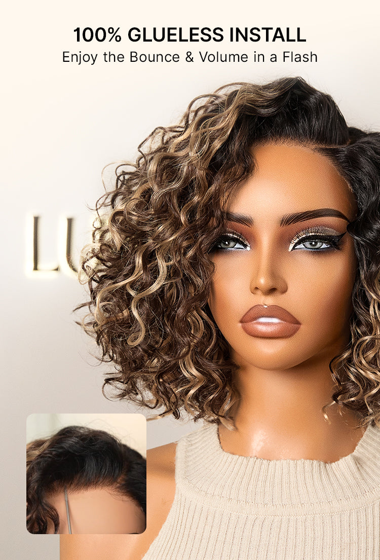 Ready to Go Blonde Highlight / Natural Black / Ombre Brown Water Wave Short Curly Bob Wig Glueless Minimalist HD Lace Wig Pre-Cut Lace-55