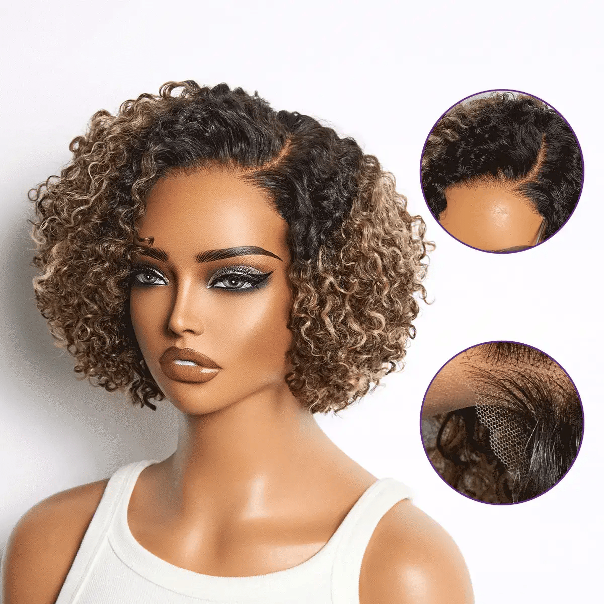 Blonde Highlight Short Cut Kinky Curl Minimalist HD Lace Glueless Side Part Wig Pre-Cut Lace-01