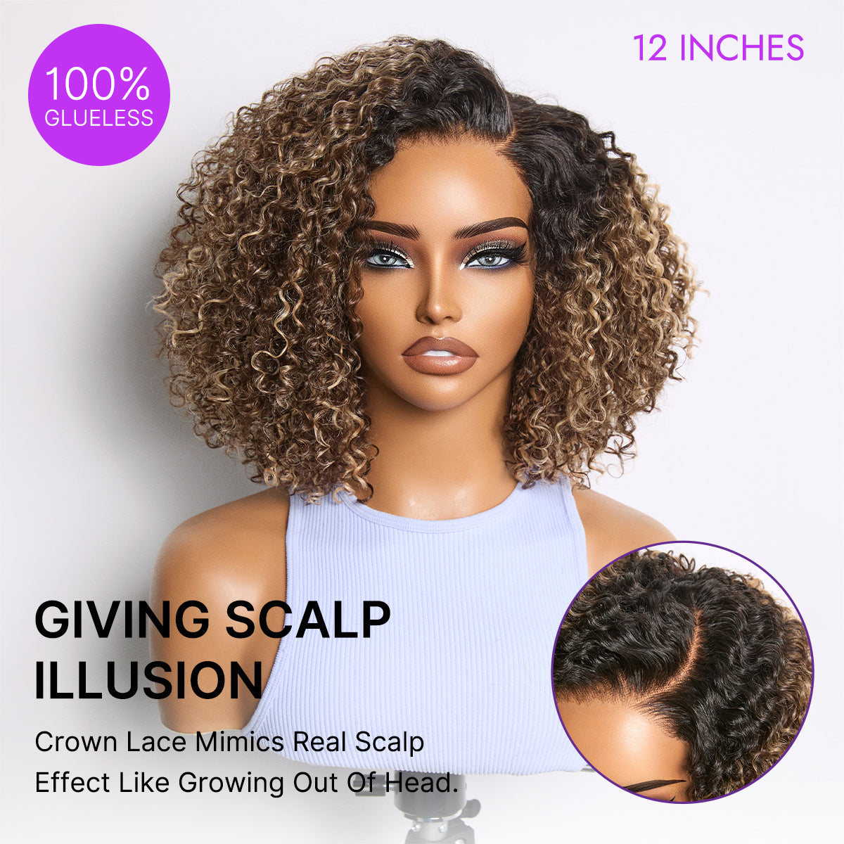 Blonde Highlight Short Cut Kinky Curl Minimalist HD Lace Glueless Side Part Wig Pre-Cut Lace-02