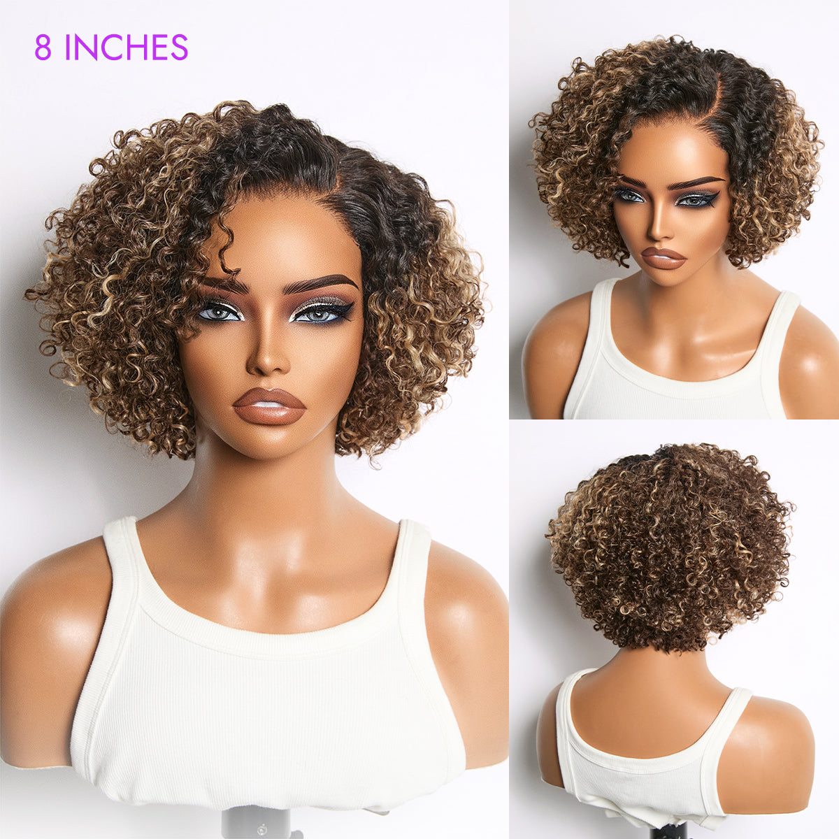 Blonde Highlight Short Cut Kinky Curl Minimalist HD Lace Glueless Side Part Wig Pre-Cut Lace-03