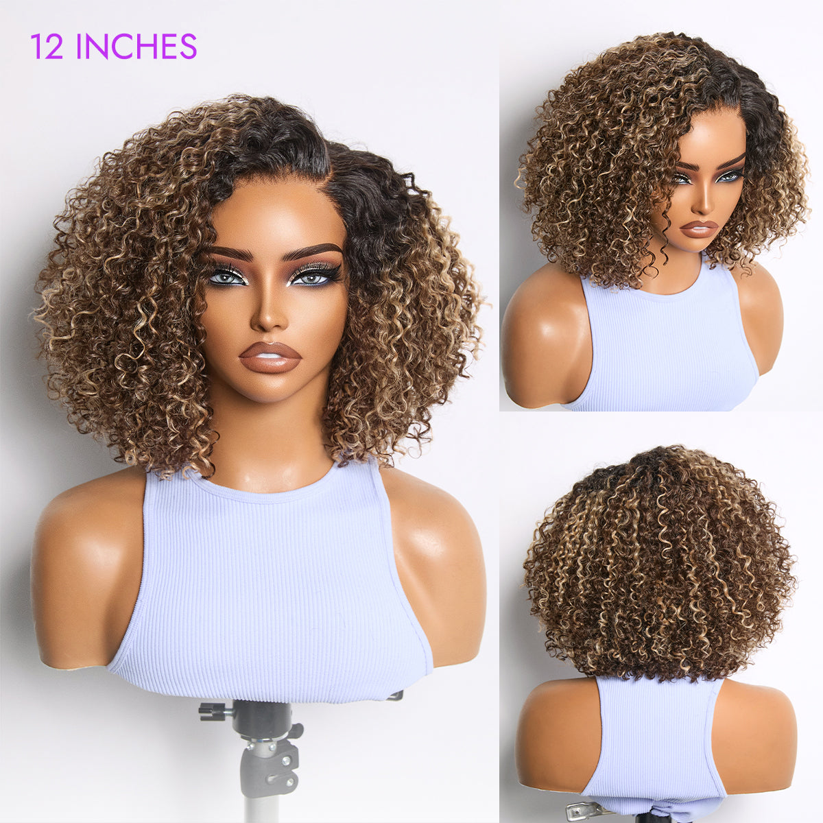 Blonde Highlight Short Cut Kinky Curl Minimalist HD Lace Glueless Side Part Wig Pre-Cut Lace-04