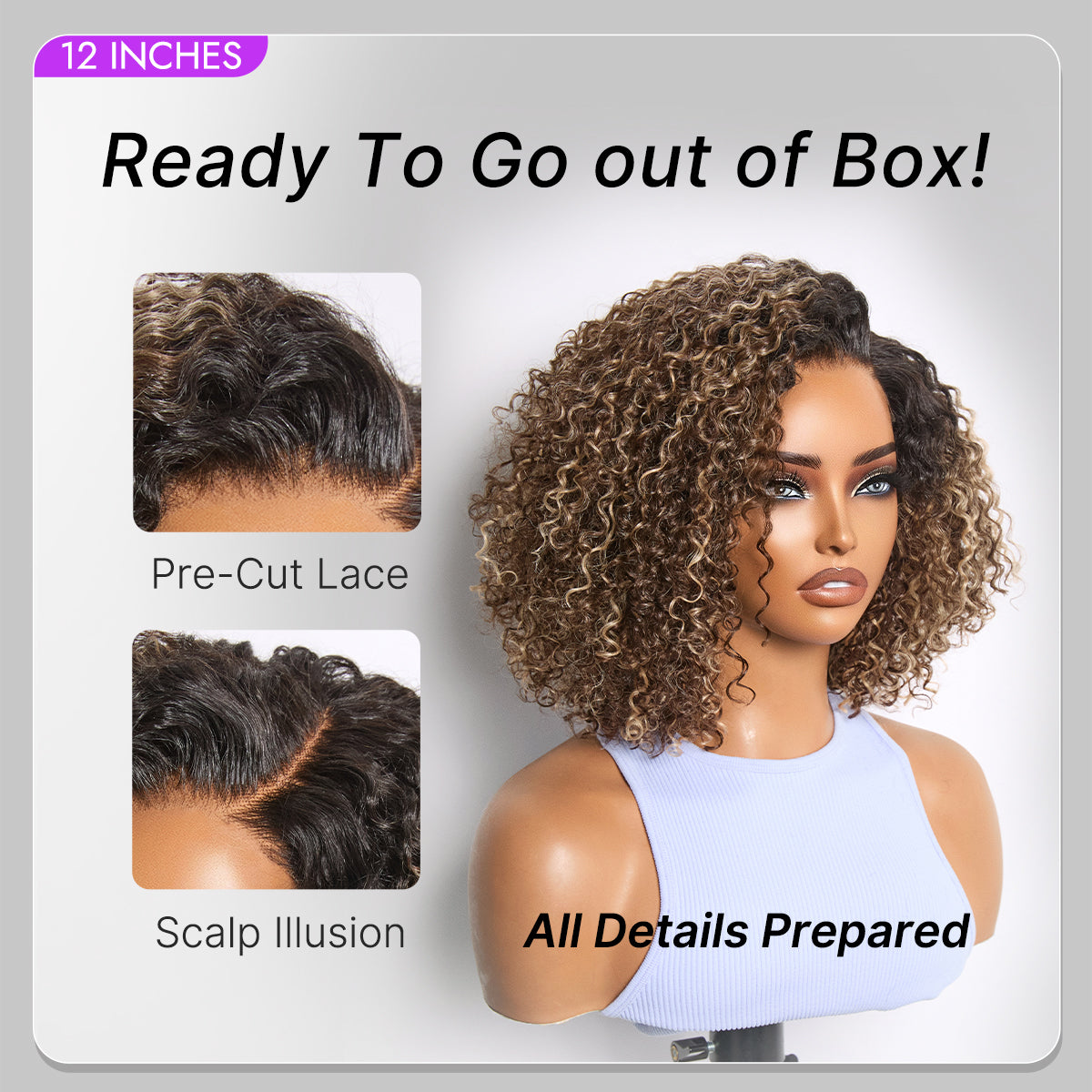 Blonde Highlight Short Cut Kinky Curl Minimalist HD Lace Glueless Side Part Wig Pre-Cut Lace-06