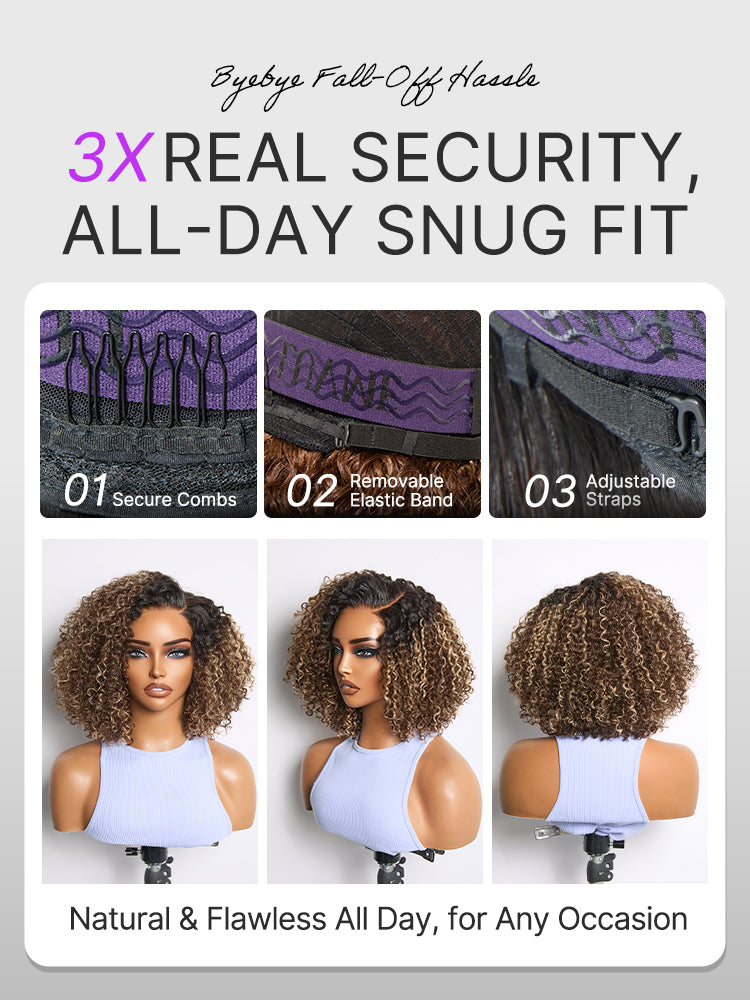 Blonde Highlight Short Cut Kinky Curly Minimalist HD Lace Glueless Wig Pre-Cut Lace-16