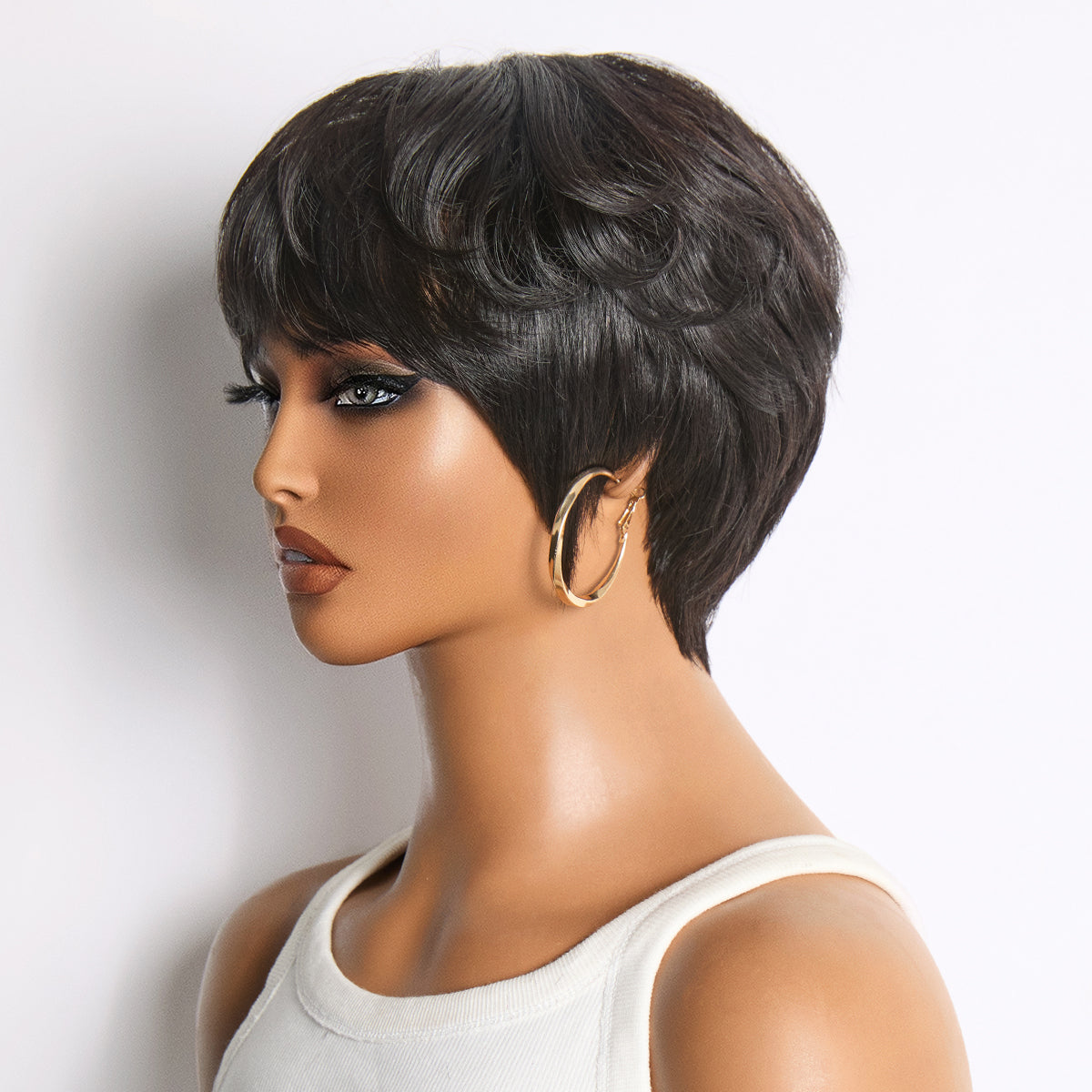 Throw On & Go Natural Black Pixie Cut with Swept Bangs Glueless Minimalist Lace Wig-03