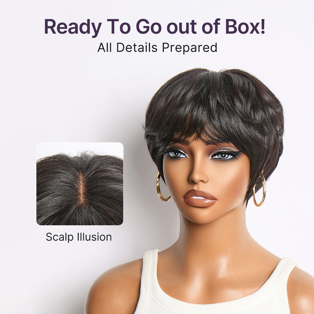 Throw On & Go Natural Black Pixie Cut with Swept Bangs Glueless Minimalist Lace Wig-07