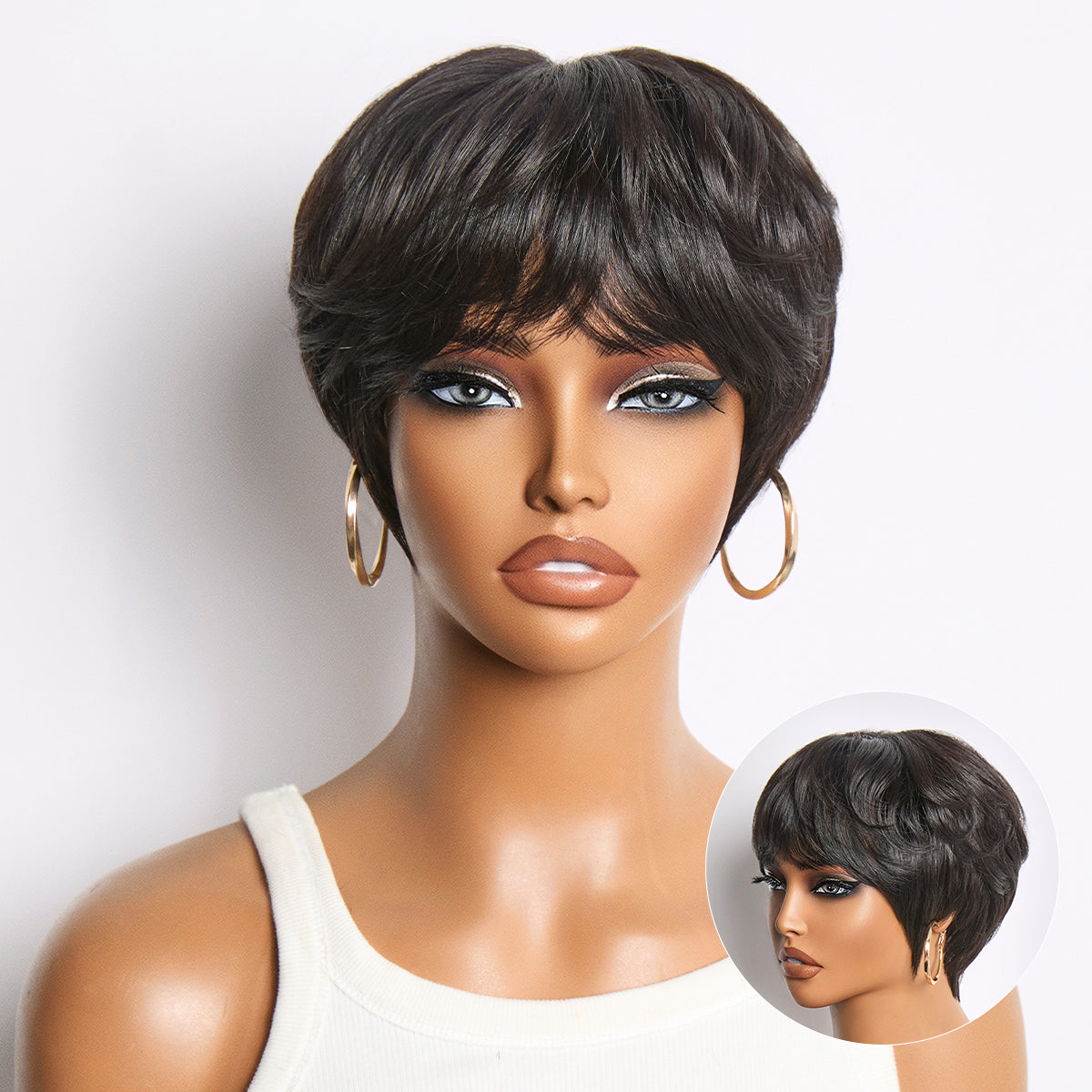 Throw On & Go Natural Black Pixie Cut with Swept Bangs Glueless Minimalist Lace Wig-01