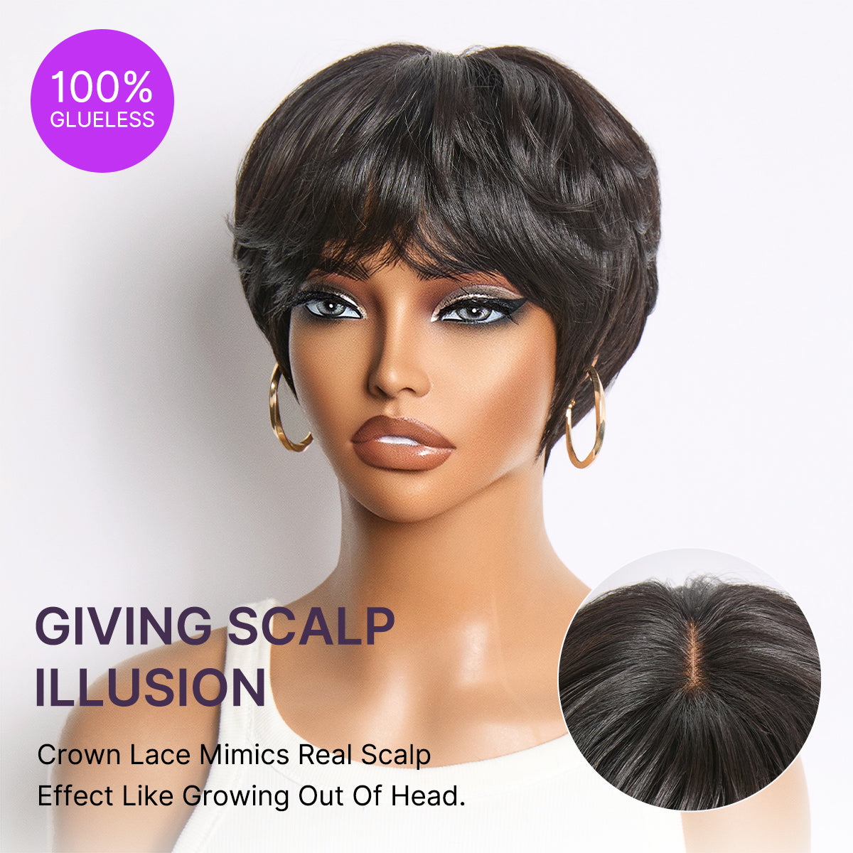Throw On & Go Natural Black Pixie Cut with Swept Bangs Glueless Minimalist Lace Wig-05