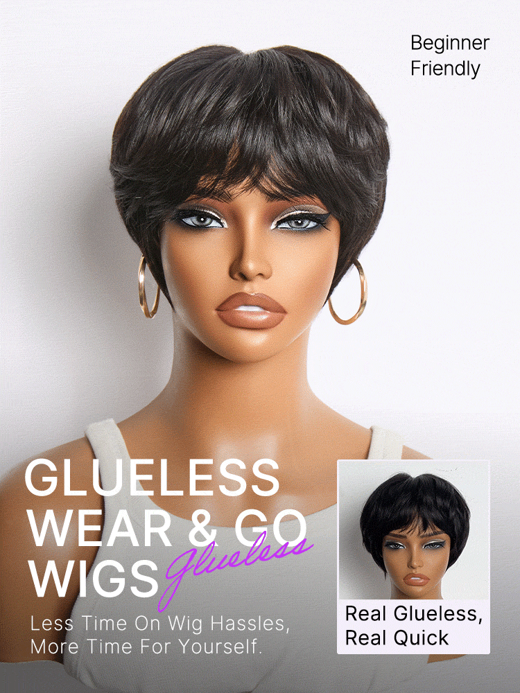 Throw On & Go Natural Black Pixie Cut with Swept Bangs Glueless Minimalist Lace Wig-10