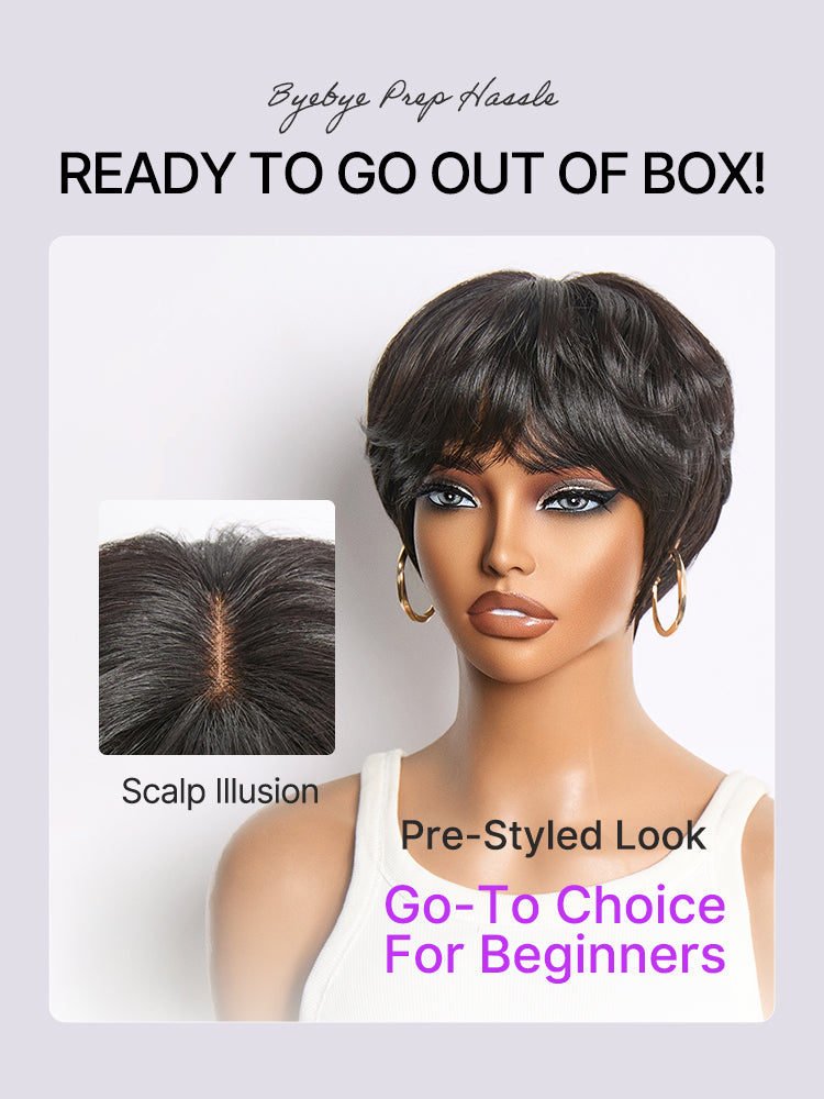 Throw On & Go Natural Black Pixie Cut with Swept Bangs Glueless Minimalist Lace Wig-11