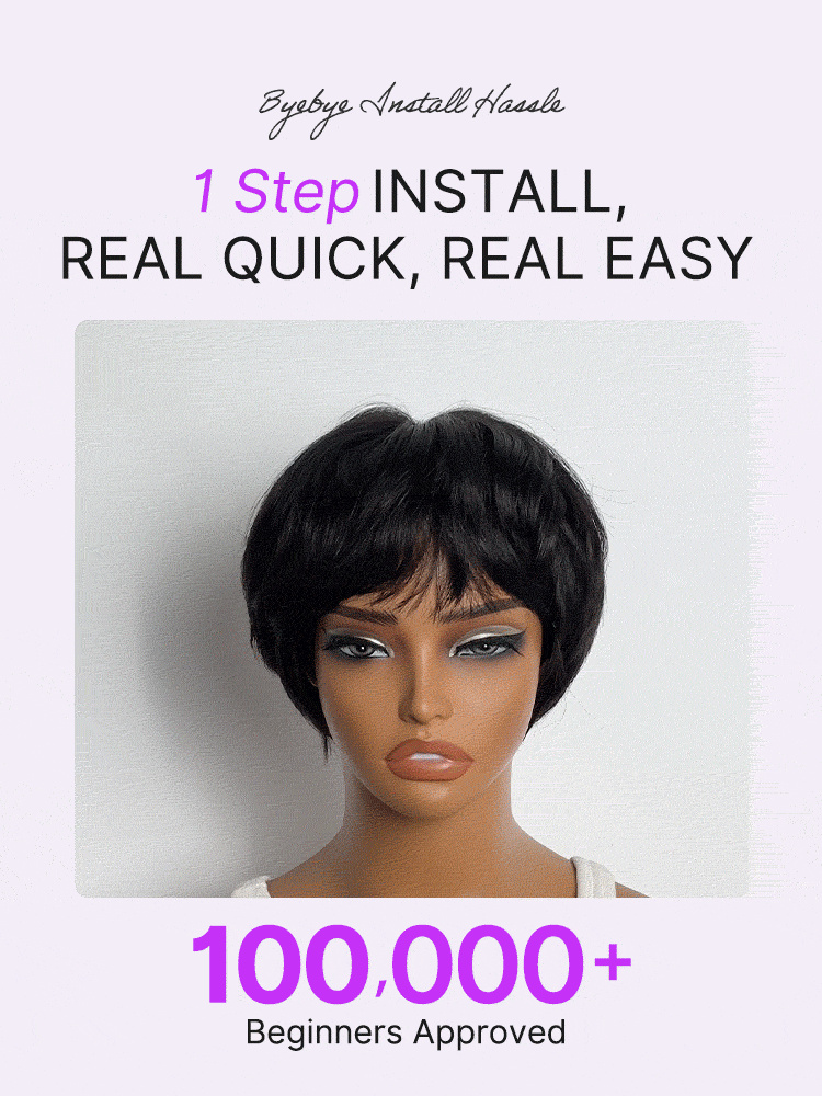 Throw On & Go Natural Black Pixie Cut with Swept Bangs Glueless Minimalist Lace Wig-12