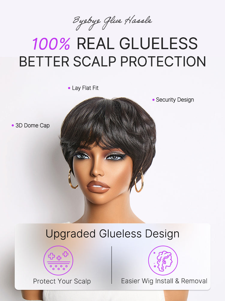 Throw On & Go Natural Black Pixie Cut with Swept Bangs Glueless Minimalist Lace Wig-13