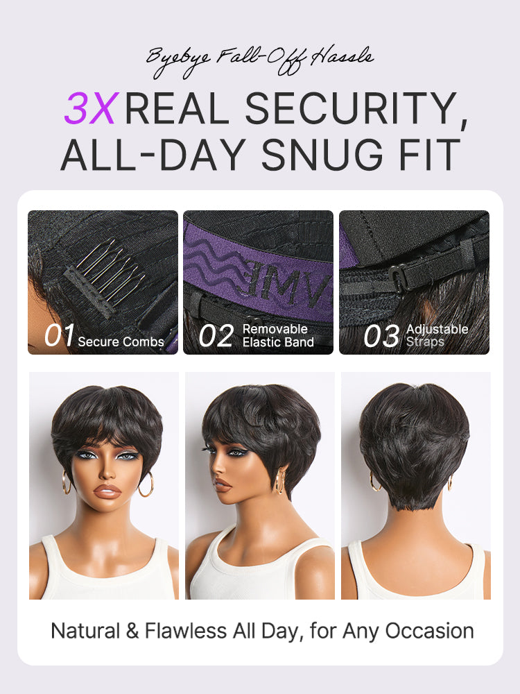 Throw On & Go Natural Black Pixie Cut with Swept Bangs Glueless Minimalist Lace Wig-14