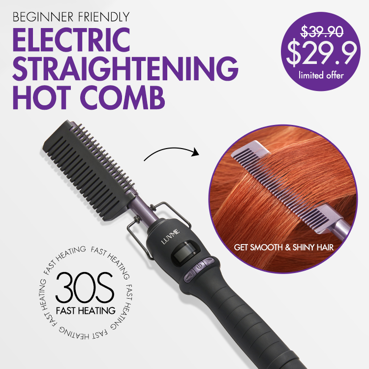 Luvme Hair electric hot comb with US plug, fast 30s heating, adjustable temperature for styling wigs and natural hair.