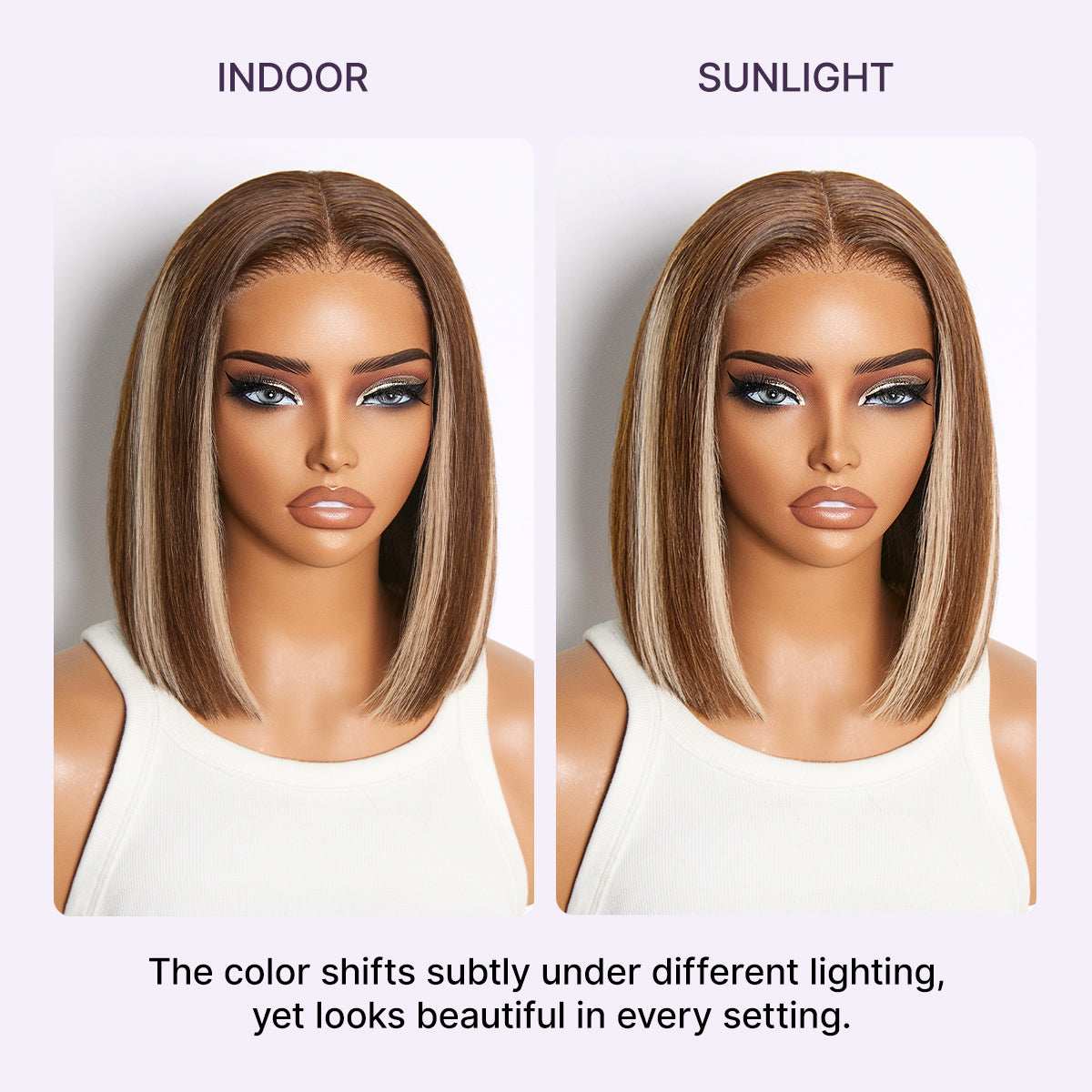 Ash blonde highlight lace bob wig with glueless 5x5 HD closure and drawstring cap, styled with natural waves by Luvme Hair.