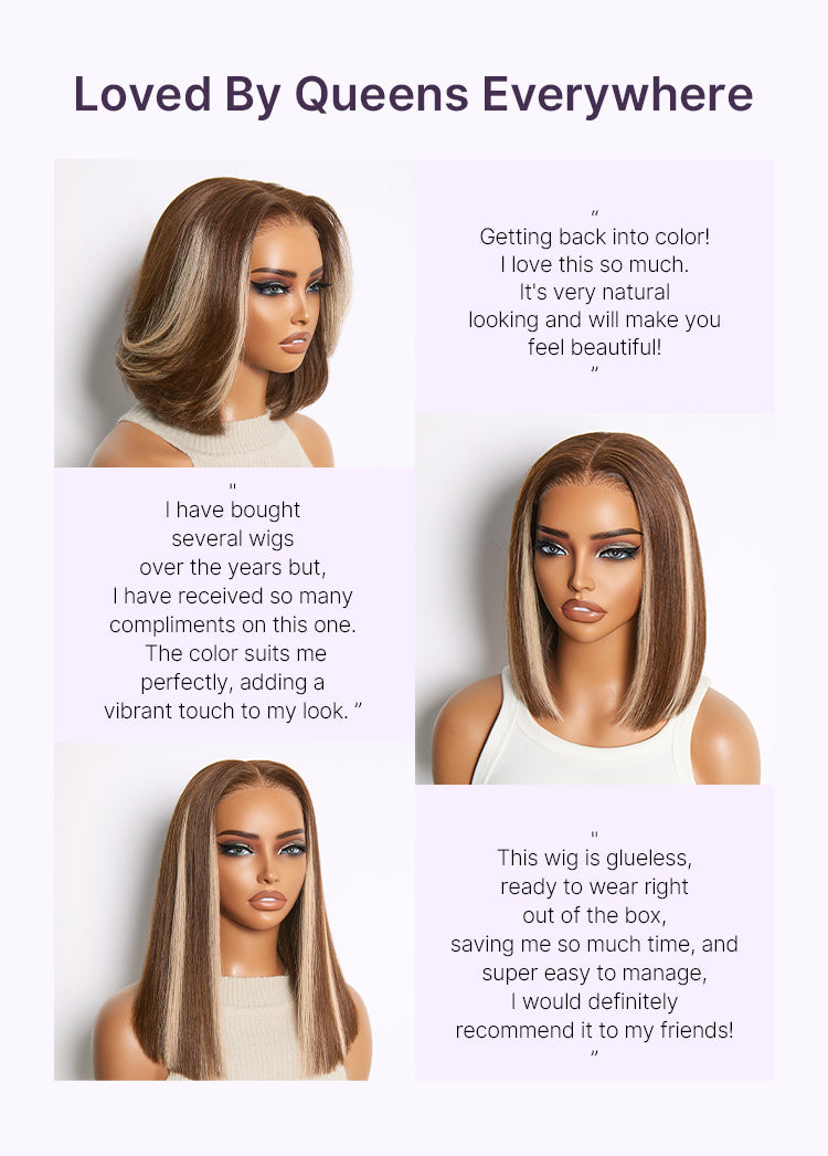 Special Add-On | Ash Blonde Highlight Glueless 5x5 HD Closure Lace Bob Wig Pre-Cut Lace Flexi-Fit Drawstring Cap-16