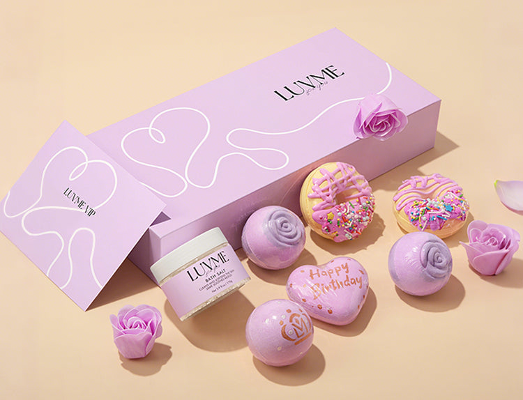 Luvme Hair VIP birthday bath ball set with colorful bath bombs and decorative packaging for a festive spa experience