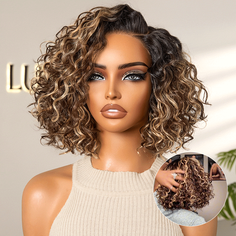 Ready to Go Blonde Highlight / Natural Black / Ombre Brown Water Wave Short Curly Bob Wig Glueless Minimalist HD Lace Wig Pre-Cut Lace-57