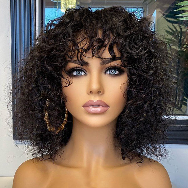 New Customers Only | Beginner Friendly Water Wave Minimalist Lace Glueless Short Curly Wig with Bangs-01