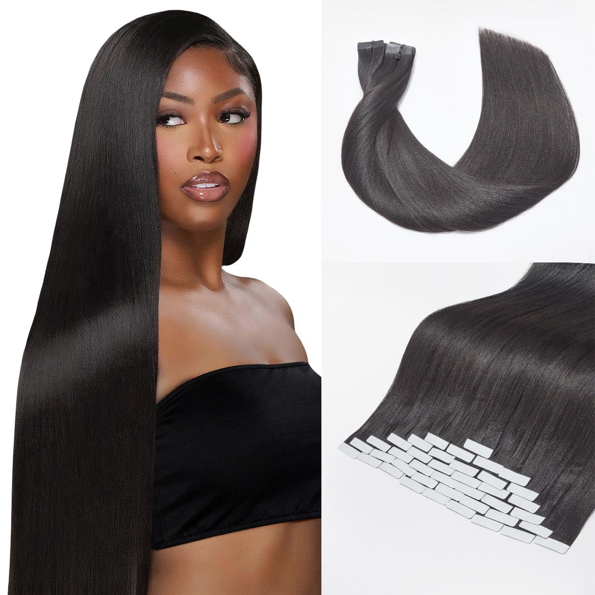 Tape in Extensions Human Hair 110g 40pcs Yaki Straight Natural Black Seamless Invisible Double Sided Extensions-02