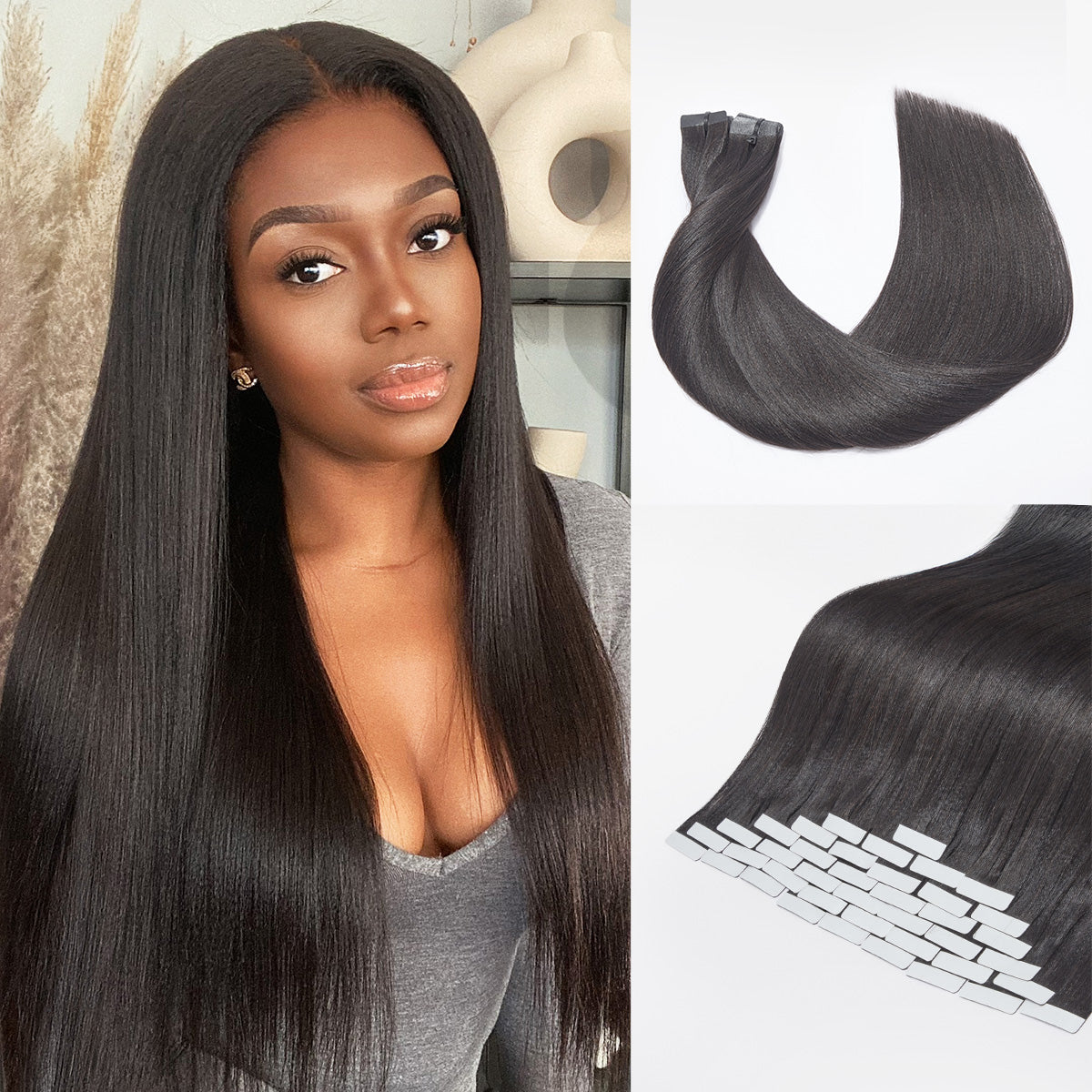 Tape in Extensions Human Hair 110g 40pcs Yaki Straight Natural Black Seamless Invisible Double Sided Extensions-01