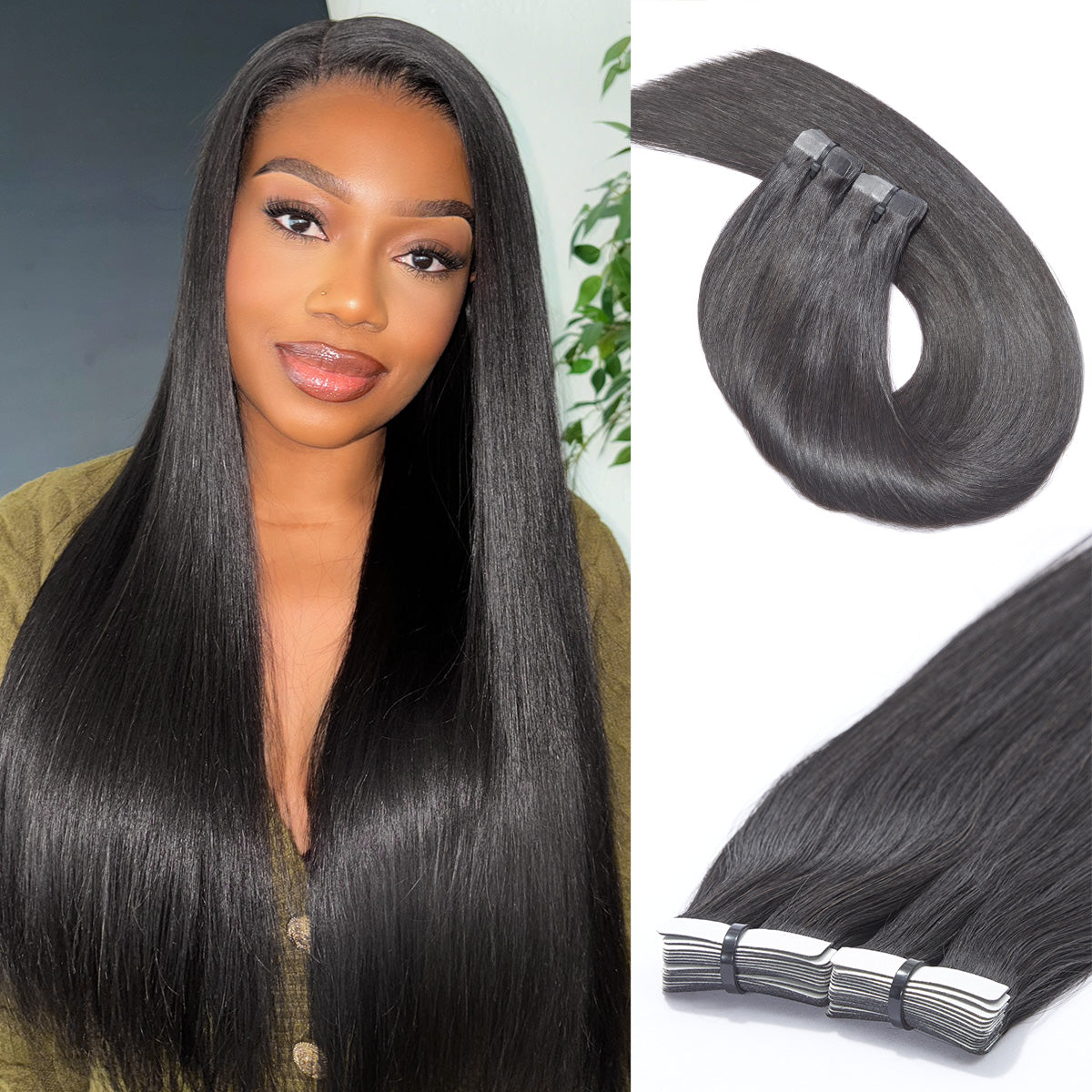 Tape in Extensions Human Hair 110g 40pcs Silky Straight Natural Black Seamless Invisible Double Sided Extensions-01