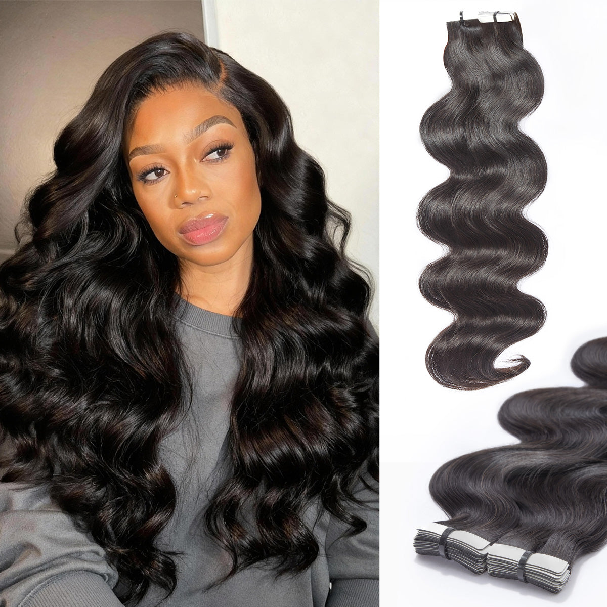 Tape in Extensions Human Hair 110g 40pcs Body Wave Natural Black Seamless Invisible Double Sided Extensions-02