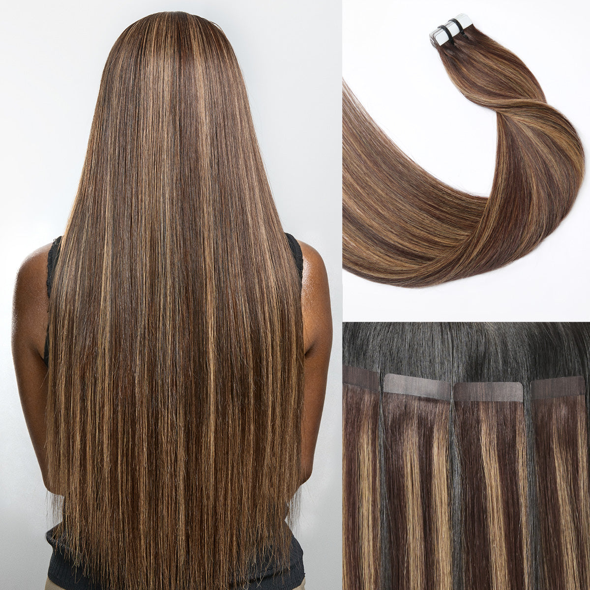 Chocolate Caramel Highlight Tape In Hair Extensions Human Hair 20pcs 50g Silky Straight Invisible Double Sided Tape Extensions-01