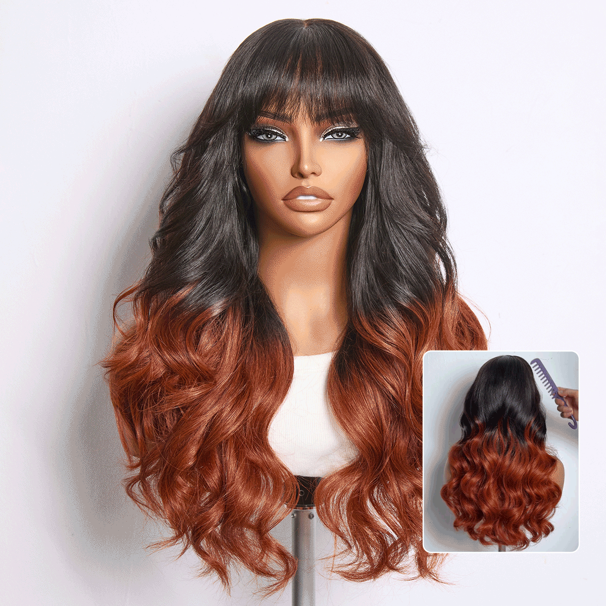 Ombre Reddish Brown Loose Wave Glueless 5x5 Closure Lace Wig with Bangs Pre-Cut Lace-01