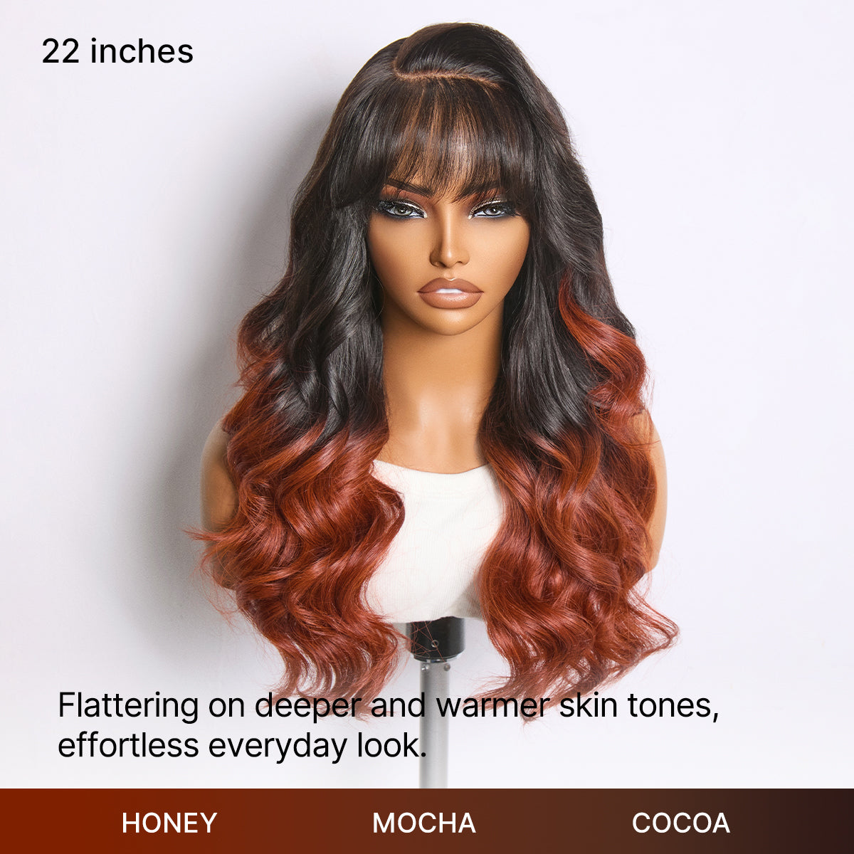 Ombre Reddish Brown Loose Wave Glueless 5x5 Closure Lace Wig with Bangs Pre-Cut Lace-03