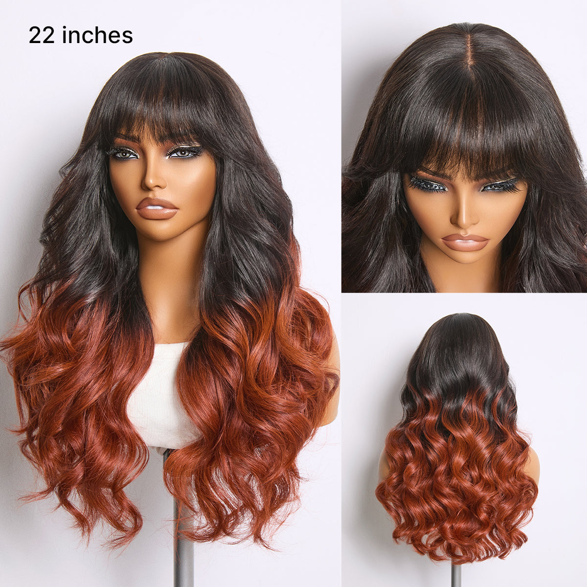 Ombre Reddish Brown Loose Wave Glueless 5x5 Closure Lace Wig with Bangs Pre-Cut Lace-04