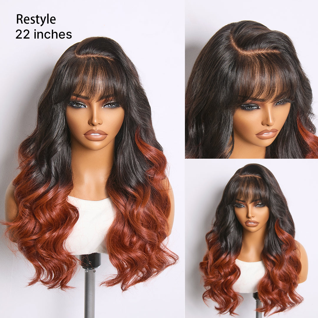 Ombre Reddish Brown Loose Wave Glueless 5x5 Closure Lace Wig with Bangs Pre-Cut Lace-05
