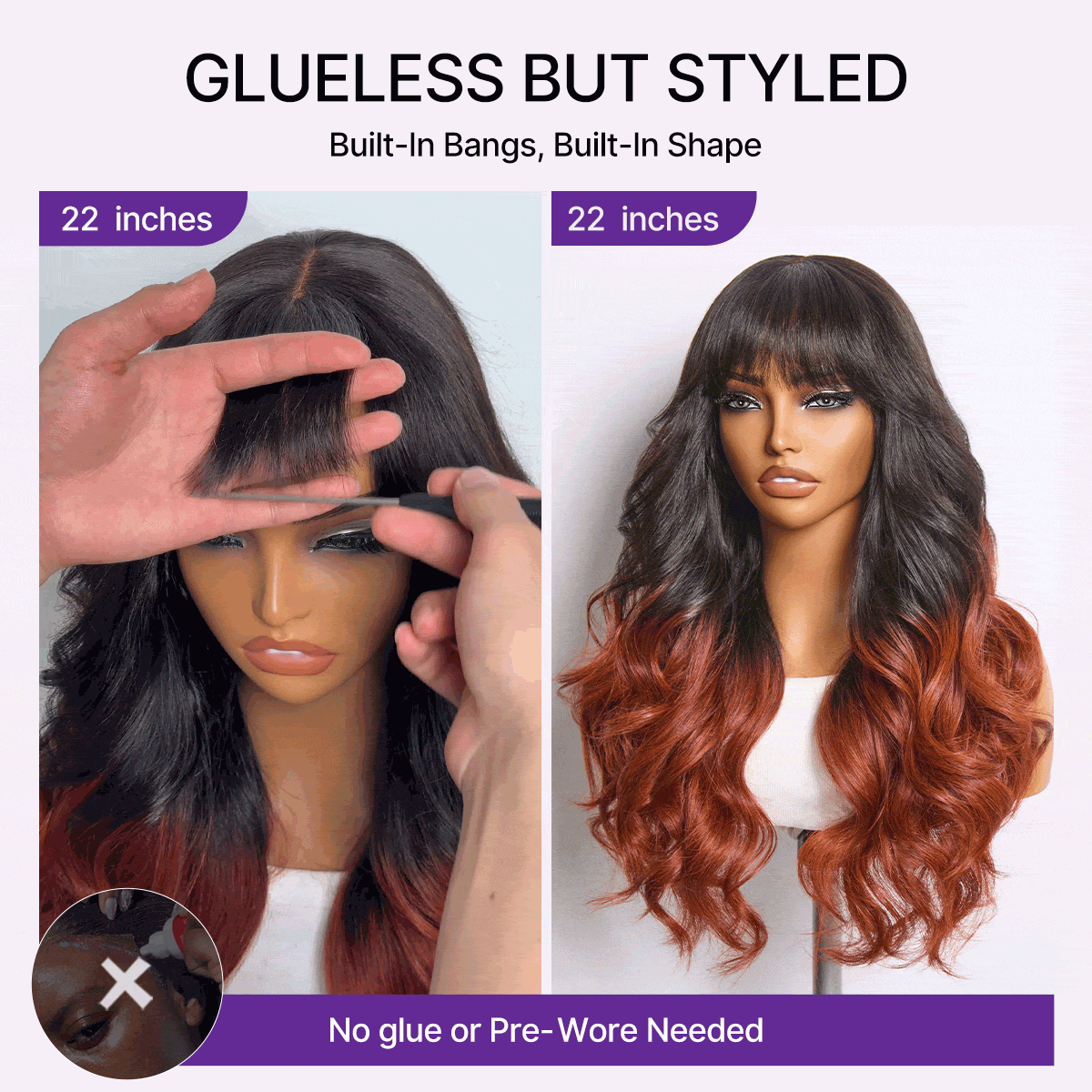Ombre Reddish Brown Loose Wave Glueless 5x5 Closure Lace Wig with Bangs Pre-Cut Lace-06