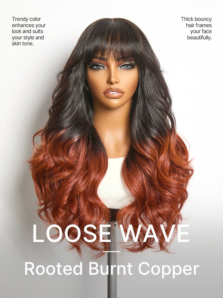 Ombre Reddish Brown Loose Wave Glueless 5x5 Closure Lace Wig with Bangs Pre-Cut Lace-10